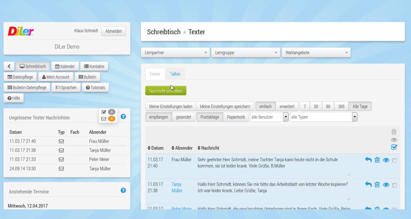  DiLer ermöglicht einen digitalen Schulalltag, wie dieses Beispiel-Bild der Nutzeroberfläche zeigt. 